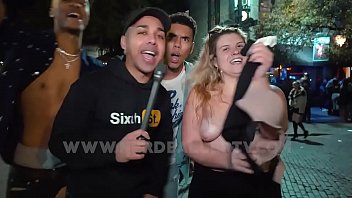 gang of guys sucking a girls boobs